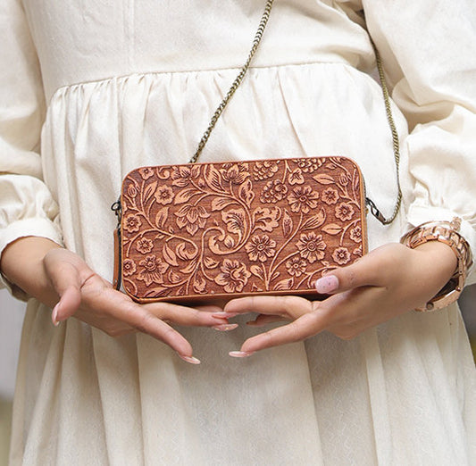 Carved wood and leather Clutch Sling Bag