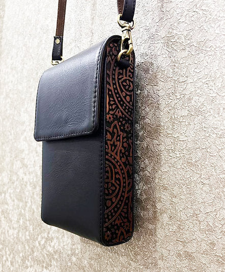 Mini Sling Bag, mobile wallet, Small Crossbody Bag, Carved wood and Leather