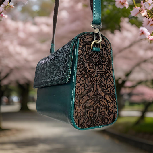 Handcrafted Wood and Leather clutch – Inspired by Tradition: Handmade Sling bag Green