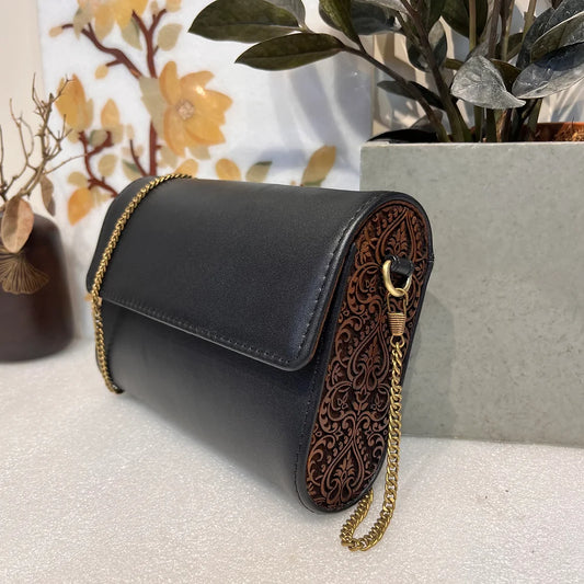 Elegance Etched in Tradition – Handcrafted Wooden & Leather Purse