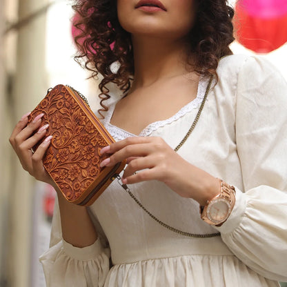 Carved wood and leather Clutch Sling Bag