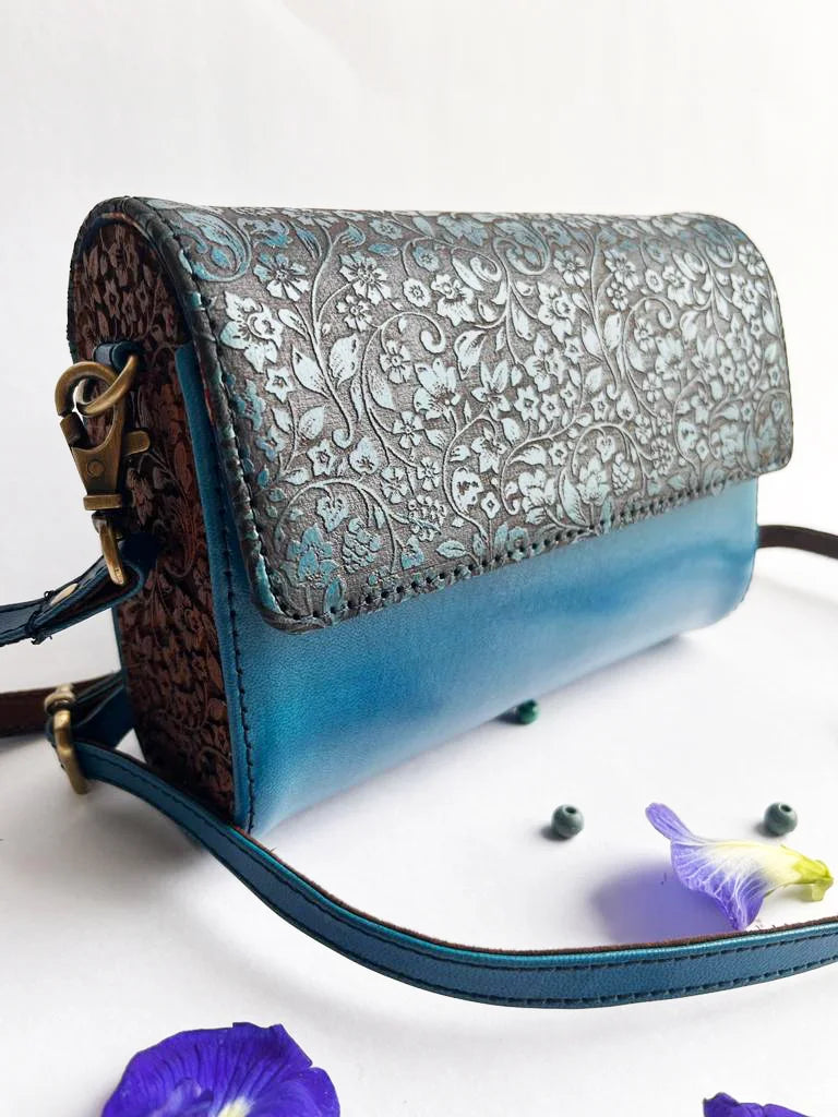Carved Wood and leather Handmade sling bag:Elegance Etched in Every Detail