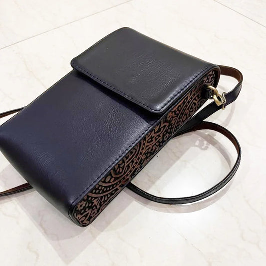 Mini Sling Bag, mobile wallet, Small Crossbody Bag, Carved wood and Leather
