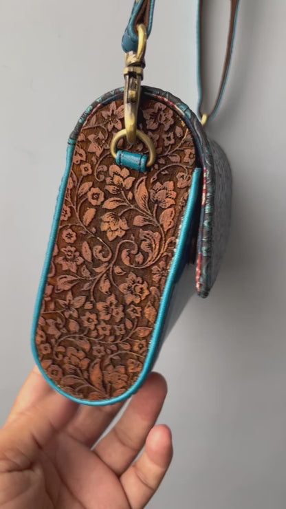 Carved Wood and leather Handmade sling bag:Elegance Etched in Every Detail