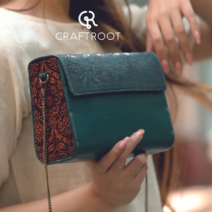 Handcrafted Wood and  Leather clutch – Inspired by Tradition: Handmade Sling bag Green