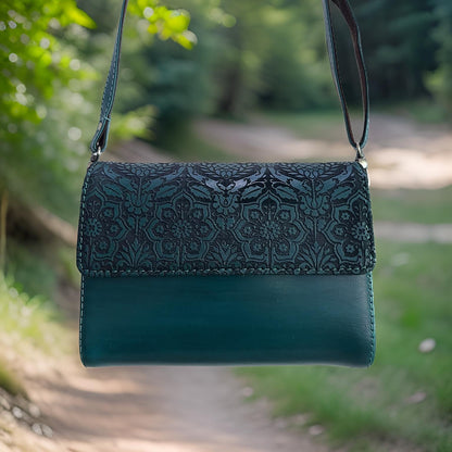Handcrafted Wood and  Leather clutch – Inspired by Tradition: Handmade Sling bag Green