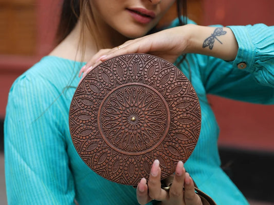 CARVED WOOD ROUND SLING BAG: Timeless Craft Meets Natural Elegance